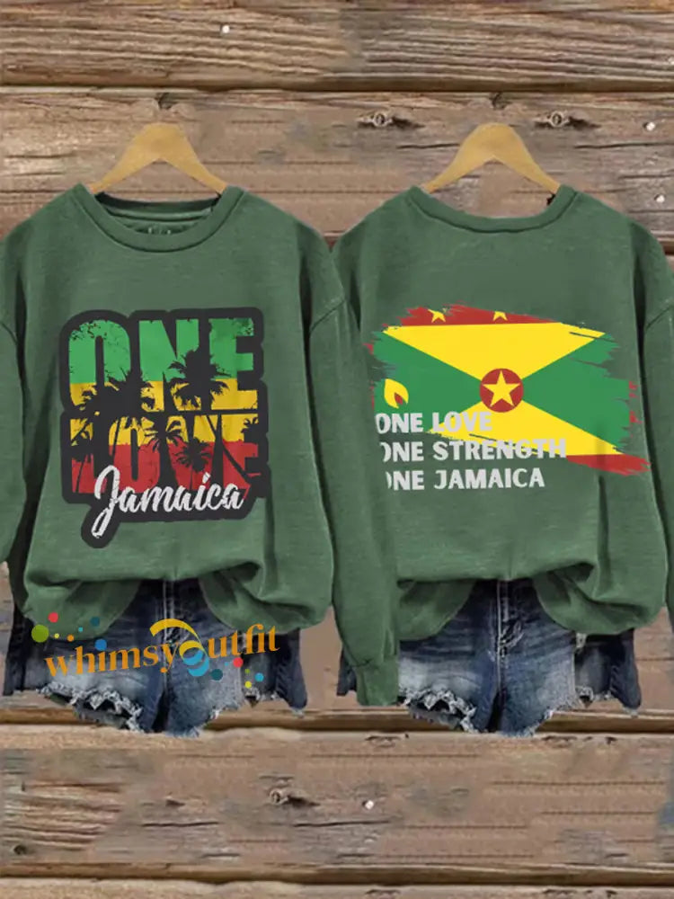 Women’s One Love One Strength One Jamaica Print Sweatshirt Green / S