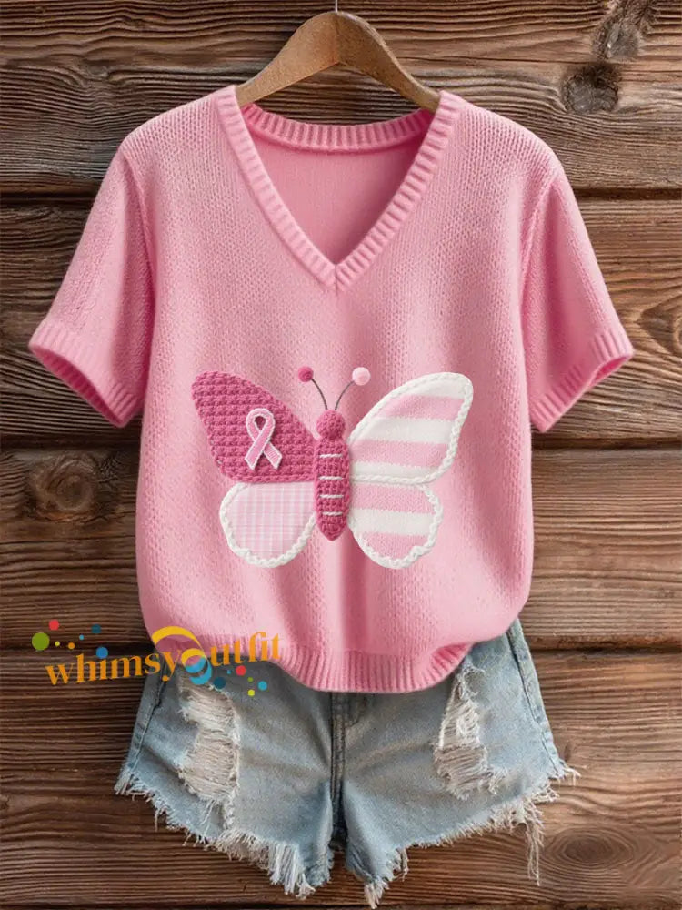 Women’s Pink Breast Cancer Awareness Butterfly T Shirt Pink / S