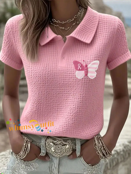Women’s Pink Breast Cancer Awareness Butterfly T Shirt Pink / S