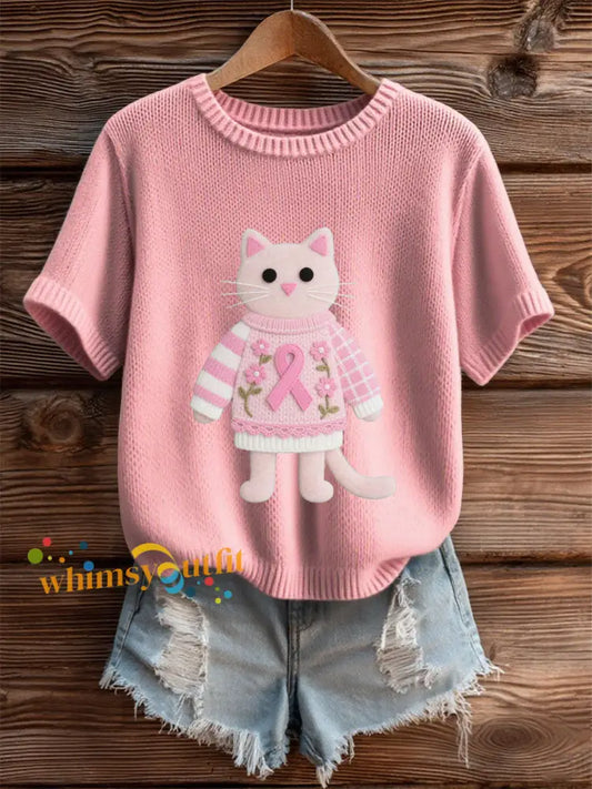 Women’s Pink Breast Cancer Awareness Kitten T Shirt Pink / S
