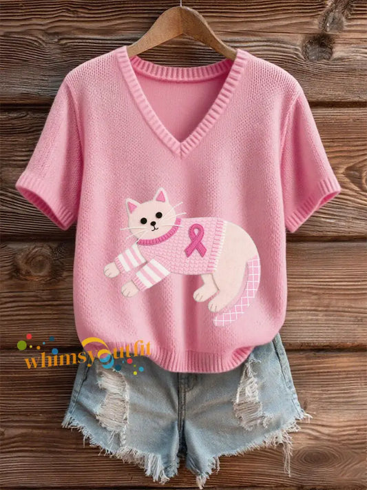 Women’s Pink Breast Cancer Awareness Kitten T Shirt Pink / S