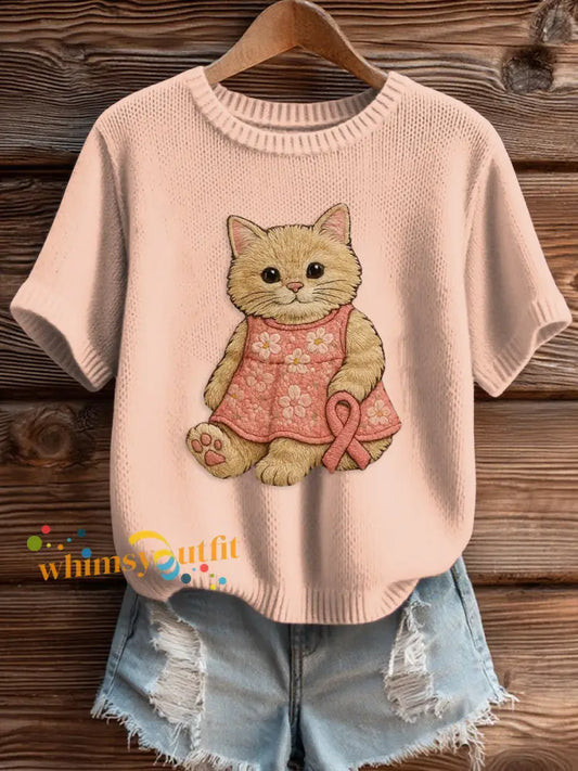 Women’s Pink Breast Cancer Awareness Print Knit Sweater Baby Pink / S
