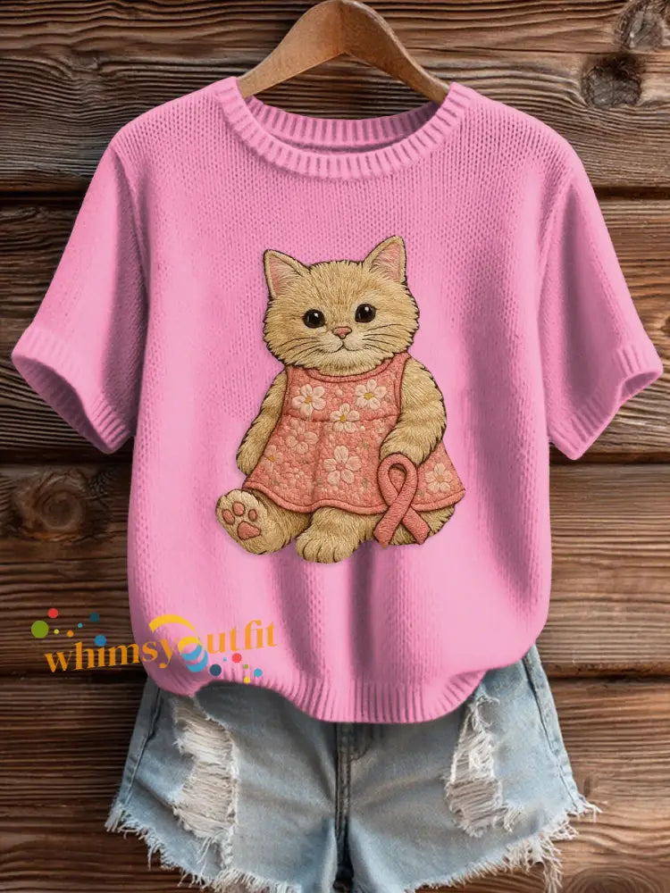 Women’s Pink Breast Cancer Awareness Print Knit Sweater Rose Red / S