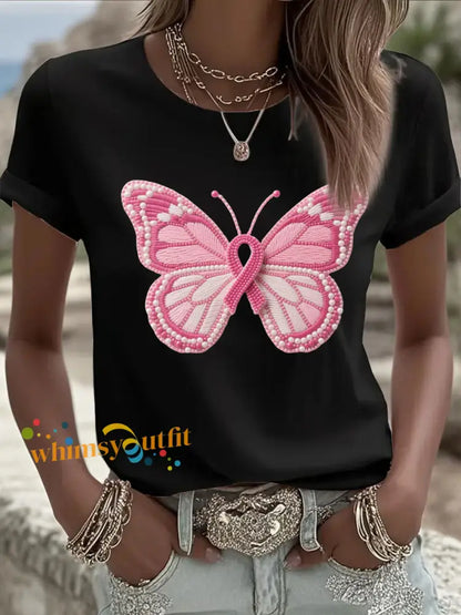 Women’s Pink Butterfly Print Casual T shirt Black / S