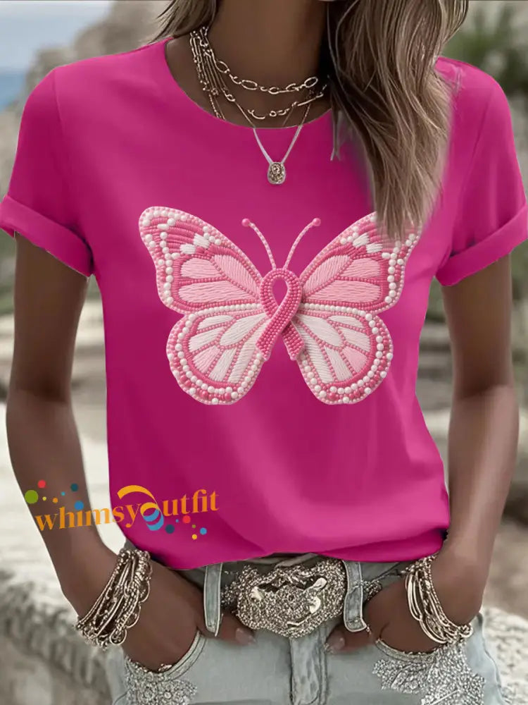 Women’s Pink Butterfly Print Casual T shirt Rose Red / S