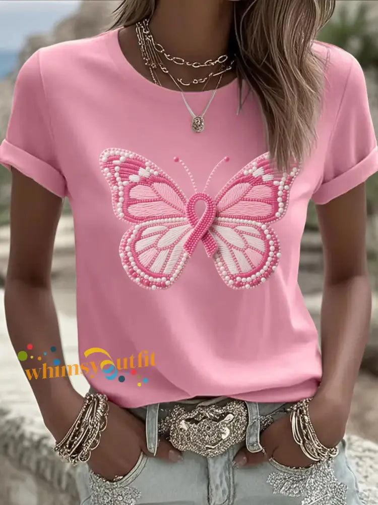 Women’s Pink Butterfly Print Casual T shirt Pink / S