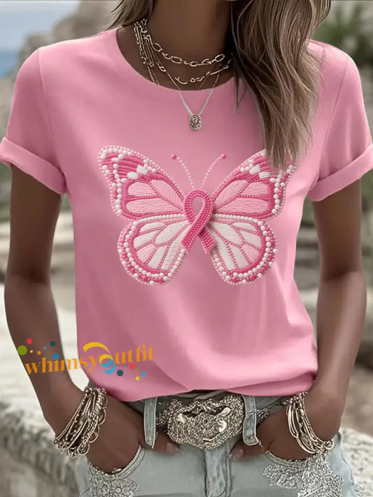 Women’s Pink Butterfly Print Casual T shirt Pink / S