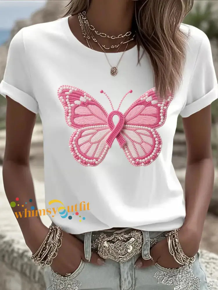 Women’s Pink Butterfly Print Casual T shirt White / S