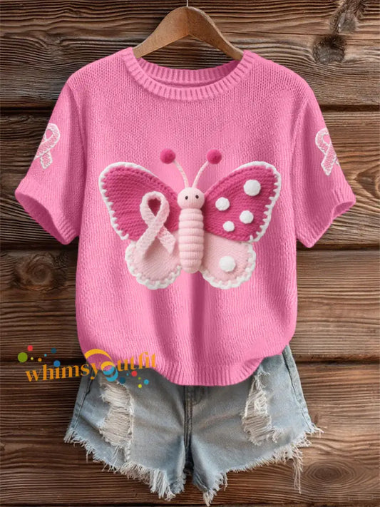 Women’s Pink Butterfly Pink Ribbon Breast Cancer Awareness Support Tee Dark Pink / S