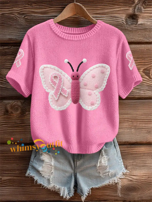 Women’s Pink Butterfly Pink Ribbon Breast Cancer Awareness Support Tee Dark Pink / S