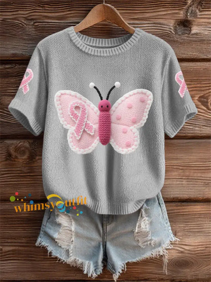 Women’s Pink Butterfly Pink Ribbon Breast Cancer Awareness Support Tee Gray / S