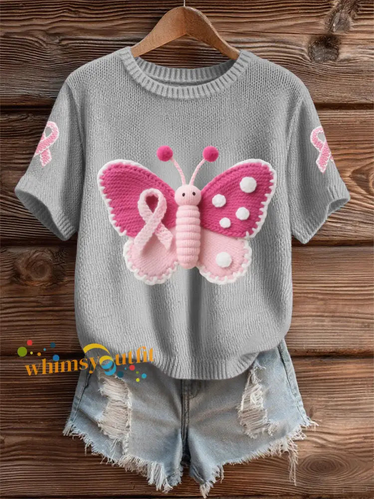 Women’s Pink Butterfly Pink Ribbon Breast Cancer Awareness Support Tee Gray / S