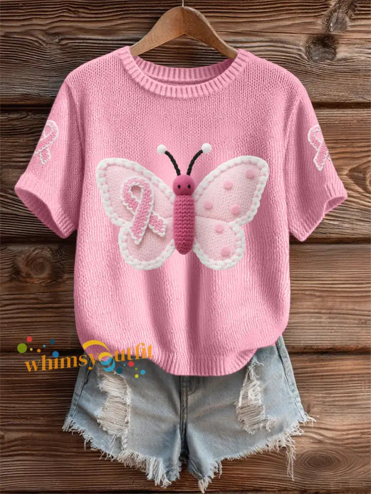 Women’s Pink Butterfly Pink Ribbon Breast Cancer Awareness Support Tee Pink / S