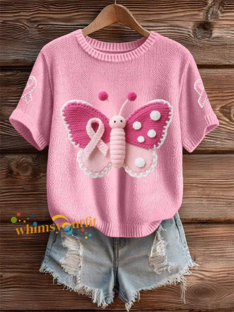 Women’s Pink Butterfly Pink Ribbon Breast Cancer Awareness Support Tee Pink / S