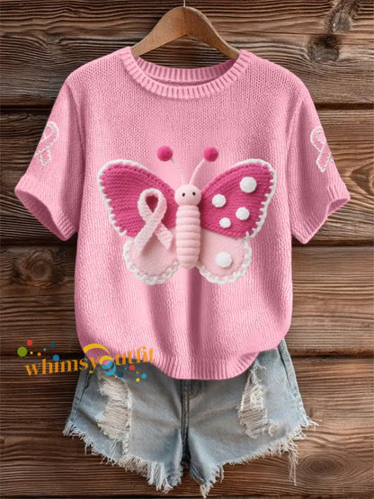 Women’s Pink Butterfly Pink Ribbon Breast Cancer Awareness Support Tee Pink / S