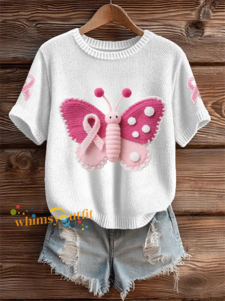 Women’s Pink Butterfly Pink Ribbon Breast Cancer Awareness Support Tee White / S