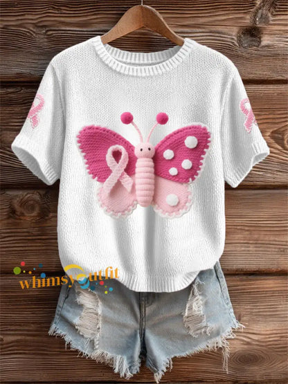 Women’s Pink Butterfly Pink Ribbon Breast Cancer Awareness Support Tee White / S
