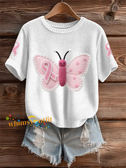 Women’s Pink Butterfly Pink Ribbon Breast Cancer Awareness Support Tee White / S