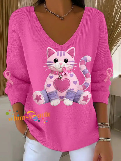 Women’s Pink Cat Pink Ribbon Breast Cancer Awareness Support Long Sleeve Top Rose Red / S