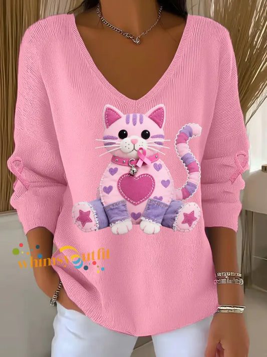 Women’s Pink Cat Pink Ribbon Breast Cancer Awareness Support Long Sleeve Top Pink / S