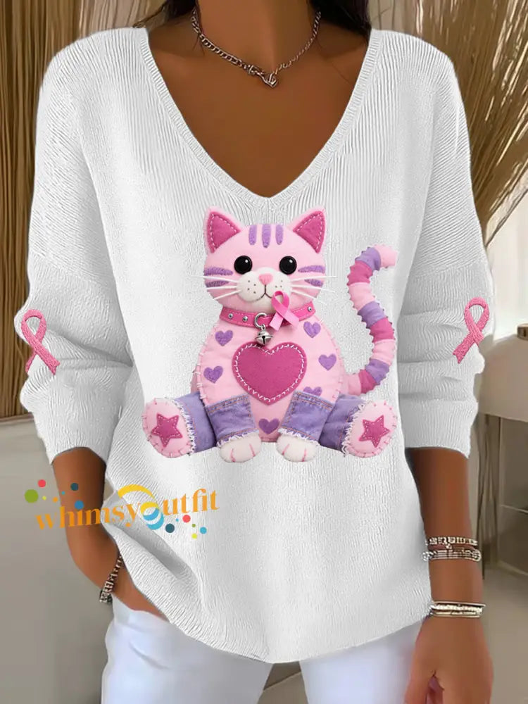 Women’s Pink Cat Pink Ribbon Breast Cancer Awareness Support Long Sleeve Top White / S