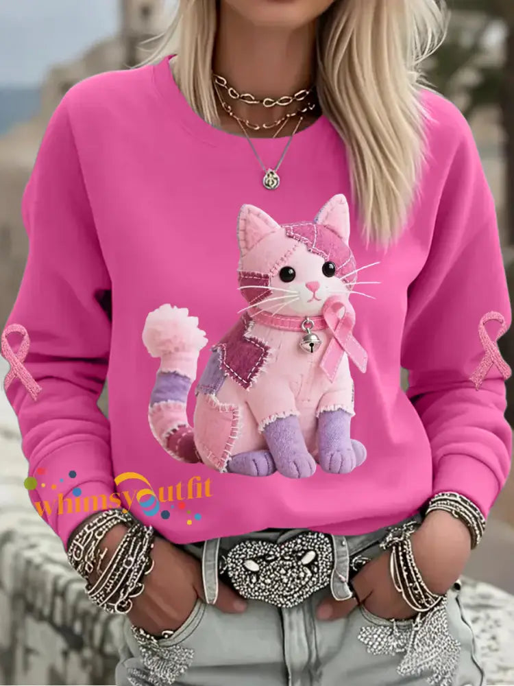 Women’s Pink Cat Pink Ribbon Breast Cancer Awareness Support Sweatshirt Rose Red / S