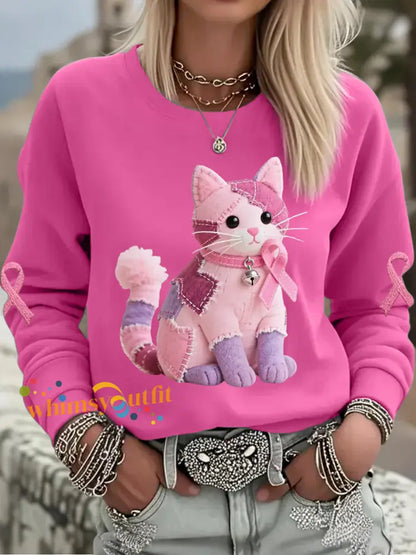 Women’s Pink Cat Pink Ribbon Breast Cancer Awareness Support Sweatshirt Rose Red / S
