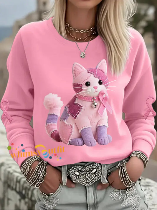 Women’s Pink Cat Pink Ribbon Breast Cancer Awareness Support Sweatshirt Pink / S