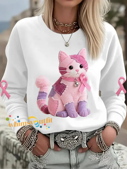 Women’s Pink Cat Pink Ribbon Breast Cancer Awareness Support Sweatshirt White / S
