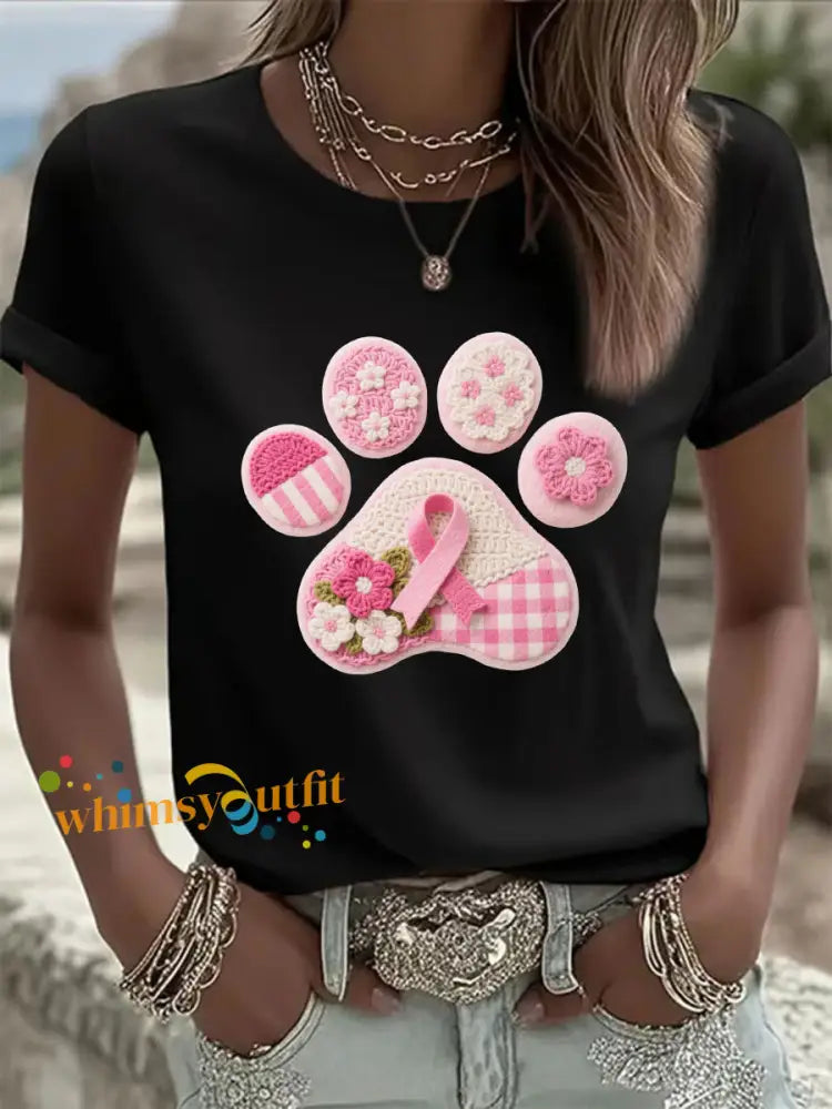 Women’s Pink Dog Paw Print Casual T shirt Black / S