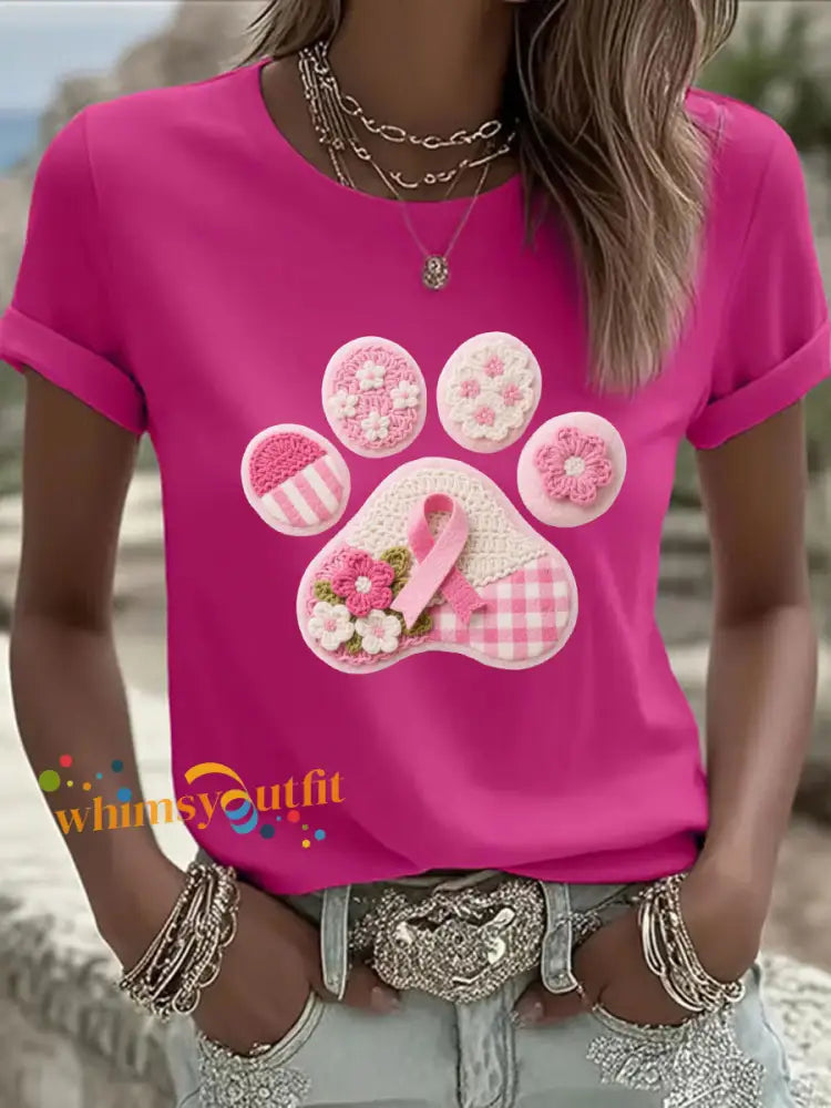 Women’s Pink Dog Paw Print Casual T shirt Rose Red / S