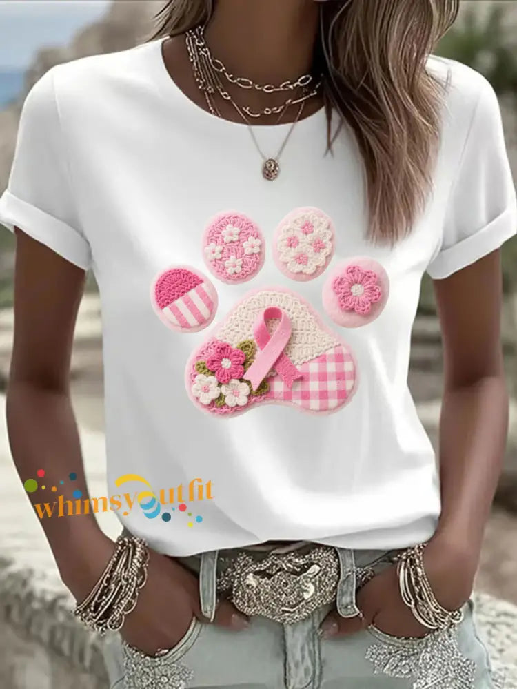 Women’s Pink Dog Paw Print Casual T shirt White / S