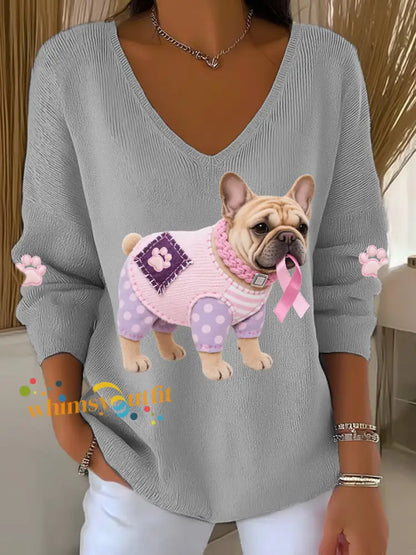 Women’s Pink Dog Pink Ribbon Breast Cancer Awareness Support Long Sleeve Top Gray / S