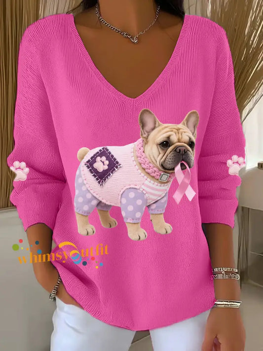 Women’s Pink Dog Pink Ribbon Breast Cancer Awareness Support Long Sleeve Top Rose Red / S