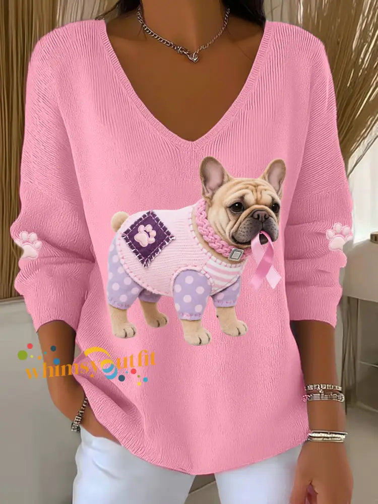 Women’s Pink Dog Pink Ribbon Breast Cancer Awareness Support Long Sleeve Top Pink / S