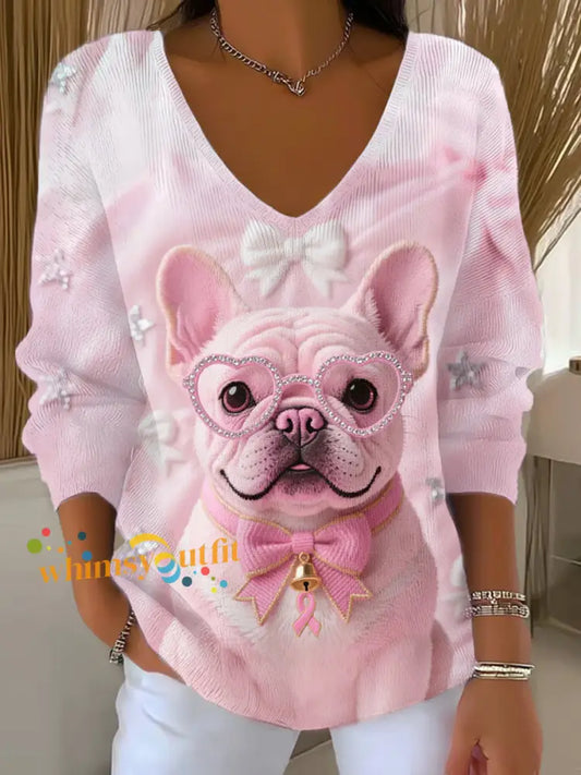 Women’s Pink Dog Pink Ribbon Breast Cancer Awareness Support Long Sleeve Top Pink / S