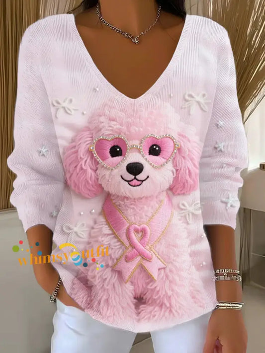Women’s Pink Dog Pink Ribbon Breast Cancer Awareness Support Long Sleeve Top Pink / S
