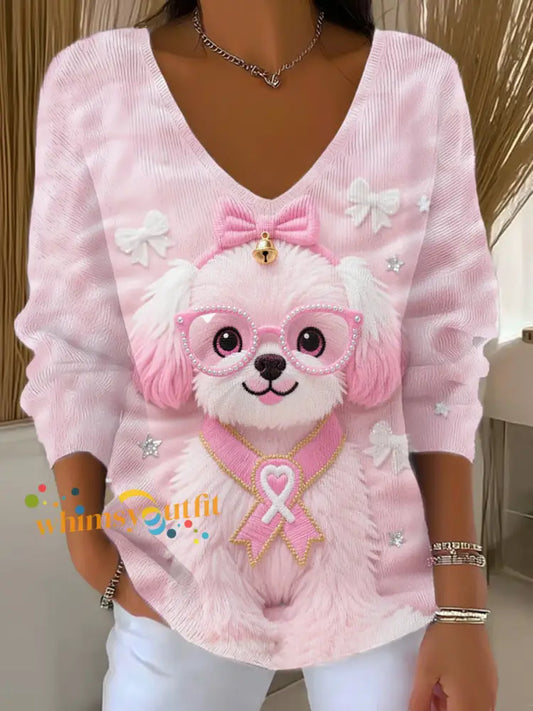 Women’s Pink Dog Pink Ribbon Breast Cancer Awareness Support Long Sleeve Top Pink / S