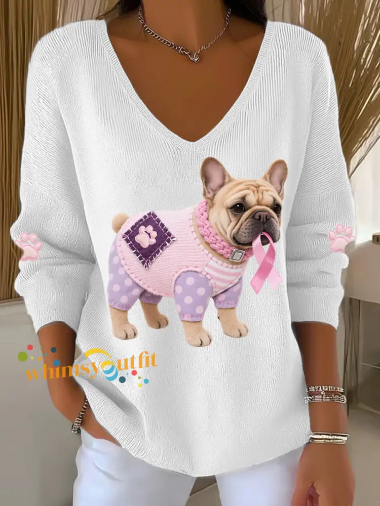 Women’s Pink Dog Pink Ribbon Breast Cancer Awareness Support Long Sleeve Top White / S