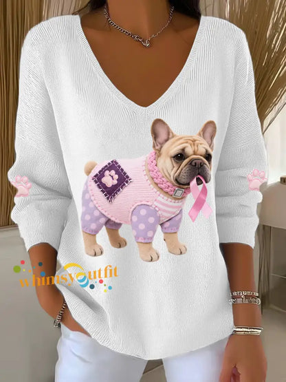 Women’s Pink Dog Pink Ribbon Breast Cancer Awareness Support Long Sleeve Top White / S