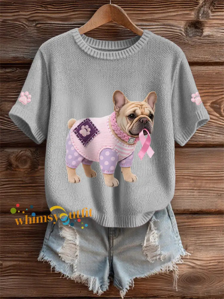 Women’s Pink Dog Pink Ribbon Breast Cancer Awareness Support Tee Gray / S