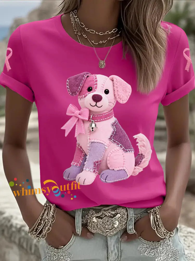 Women’s Pink Dog Pink Ribbon Breast Cancer Awareness Support Tee Rose Red / S