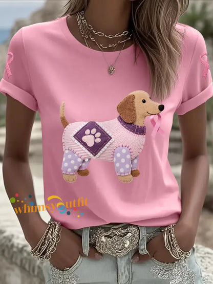 Women’s Pink Dog Pink Ribbon Breast Cancer Awareness Support Tee Pink / S
