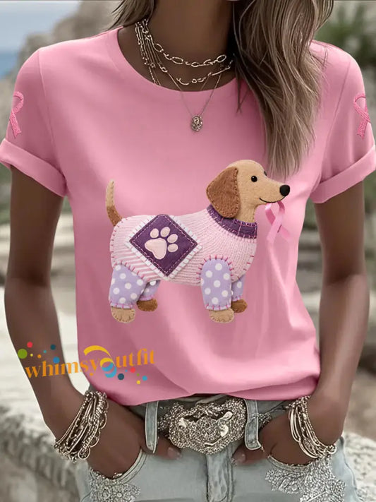 Women’s Pink Dog Pink Ribbon Breast Cancer Awareness Support Tee Pink / S