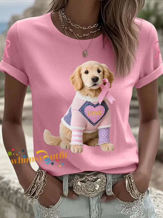 Women’s Pink Dog Pink Ribbon Breast Cancer Awareness Support Tee Pink / S