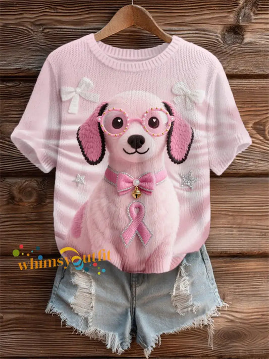 Women’s Pink Dog Pink Ribbon Breast Cancer Awareness Support Tee Pink / S