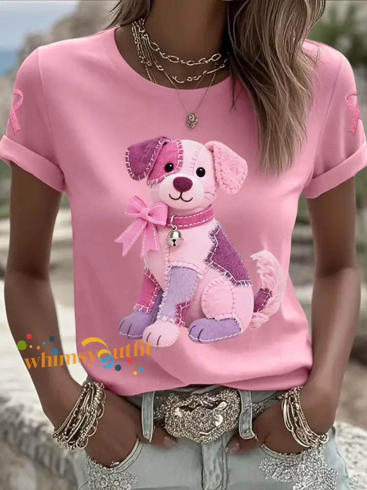 Women’s Pink Dog Pink Ribbon Breast Cancer Awareness Support Tee Pink / S