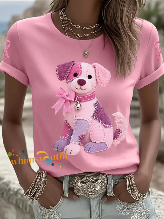 Women’s Pink Dog Pink Ribbon Breast Cancer Awareness Support Tee Pink / S