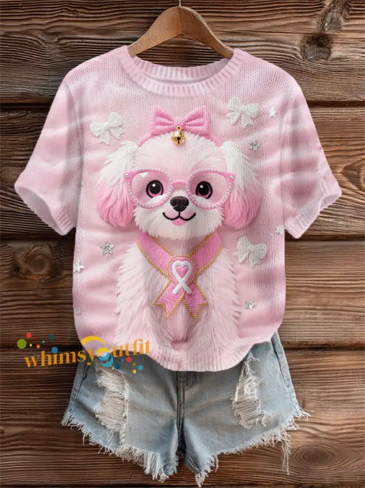 Women’s Pink Dog Pink Ribbon Breast Cancer Awareness Support Tee Pink / S