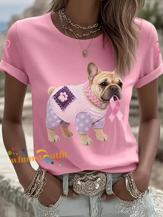 Women’s Pink Dog Pink Ribbon Breast Cancer Awareness Support Tee Pink / S